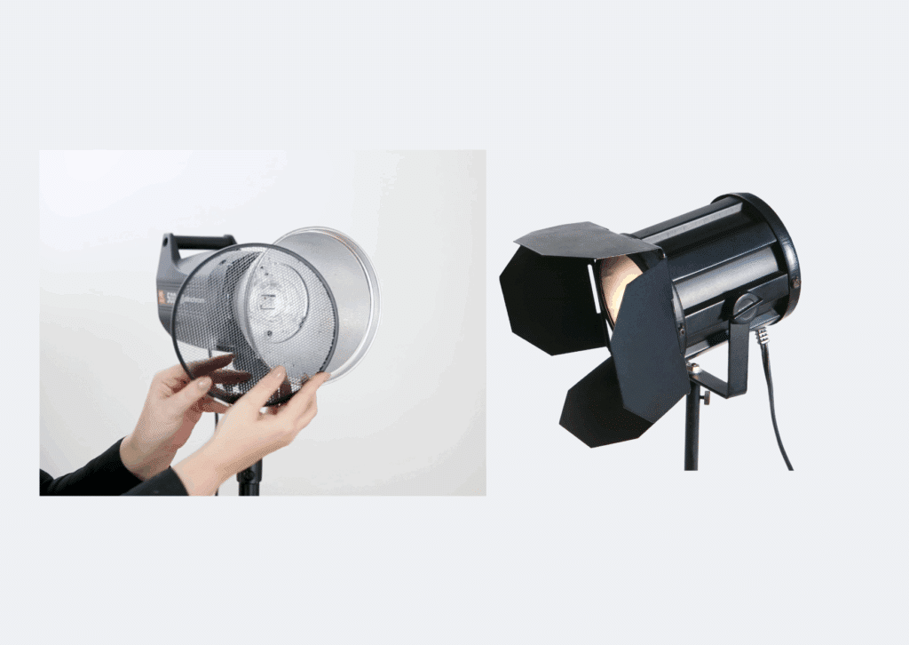 food photography modifiers - reflector with honeycomb grid and barn doors